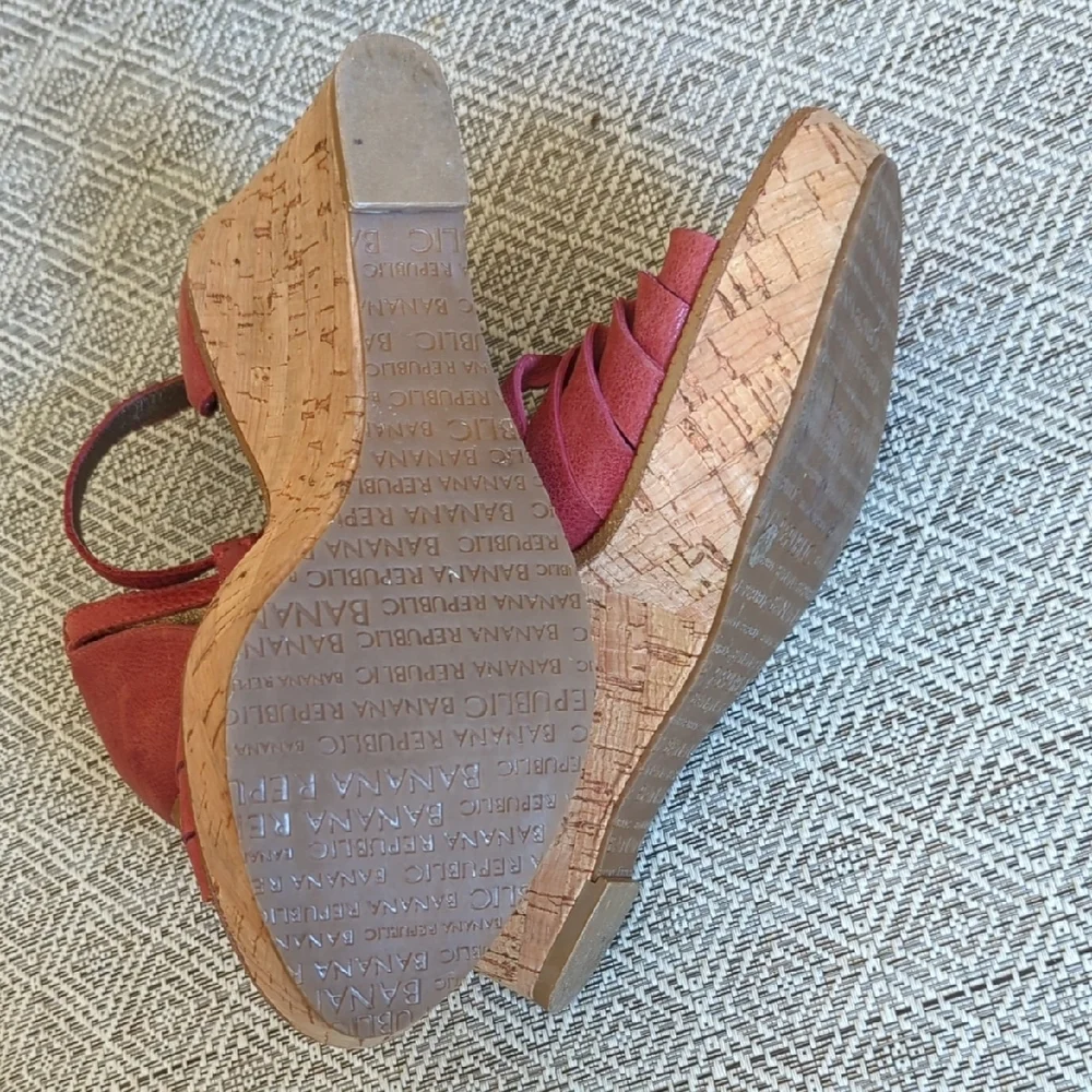 Women's Red Leather Cork Wedge Sandals